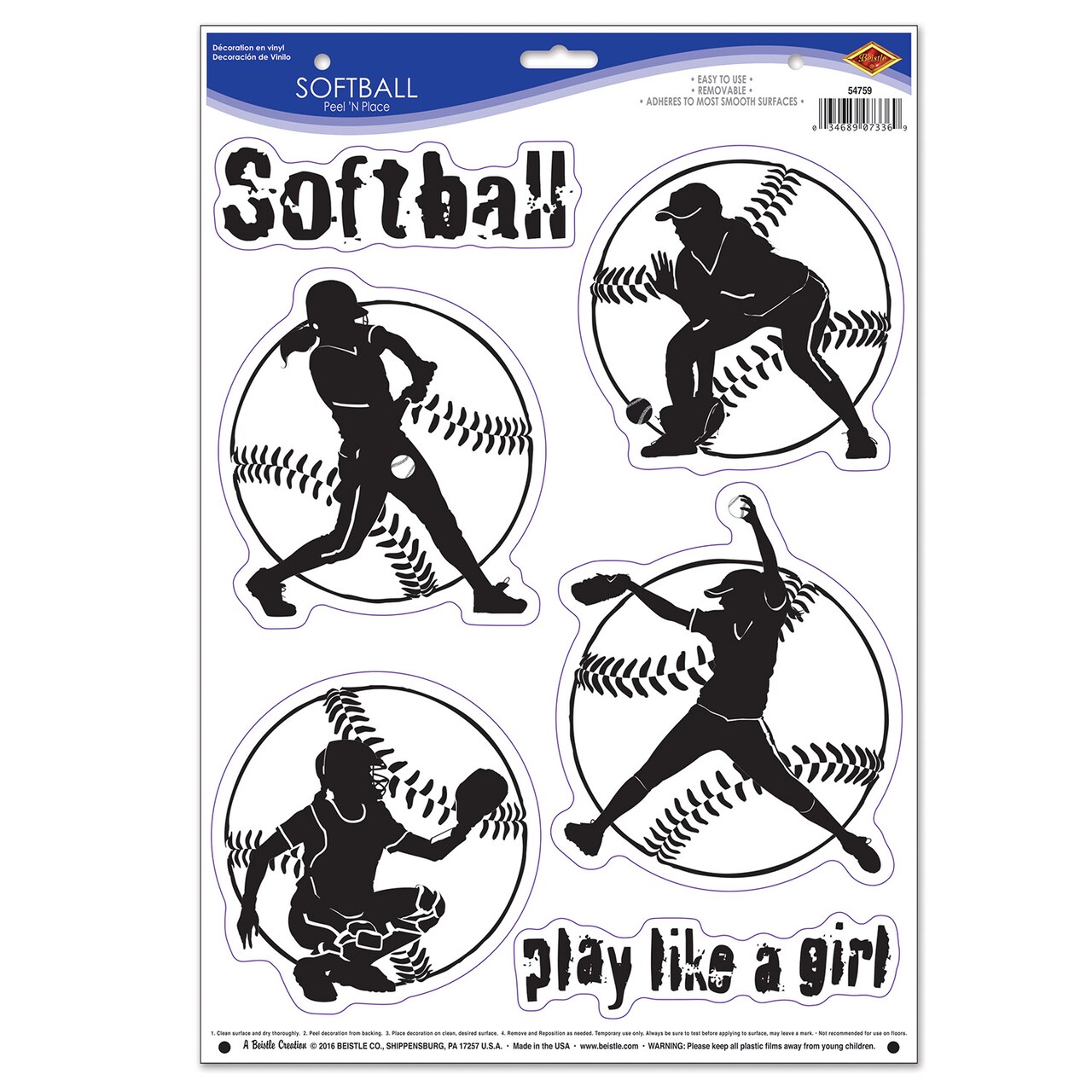 Party Central Club Pack of 72 Black and White Female Softball Sports Clings 17"